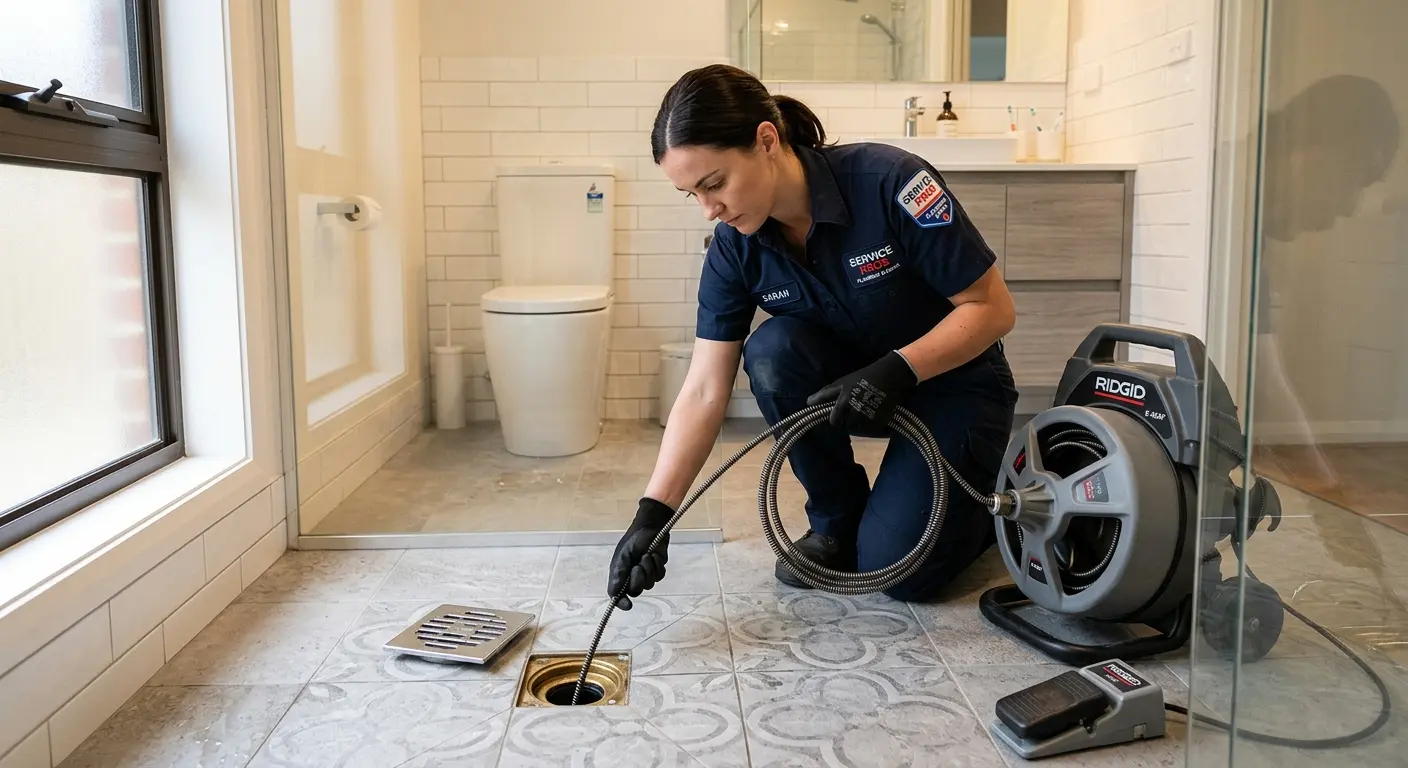 Technician clearing a bathroom floor drain for Sewer Line Installation in Smithville